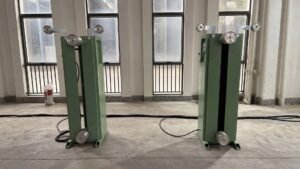 Optical fiber storage rack for extrusion line production